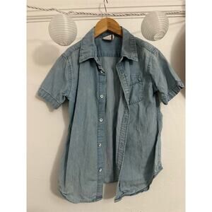 Youth Size 7 Blue Denim Short Sleeve Button-Up Shirt Casual